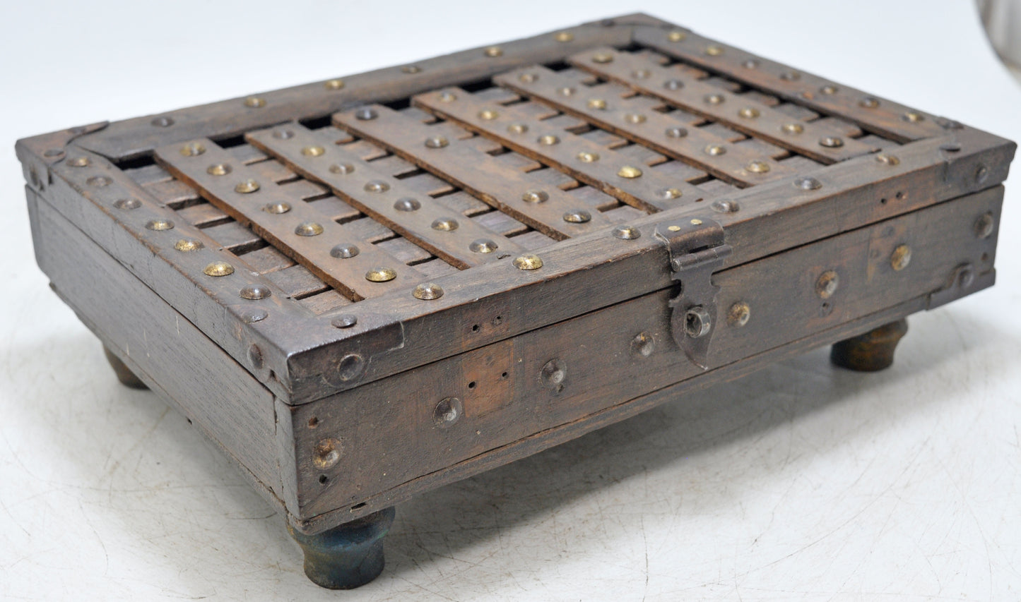 Antique Wooden Storage Chest Box Original Old Hand Crafted Carved Metal Fitted