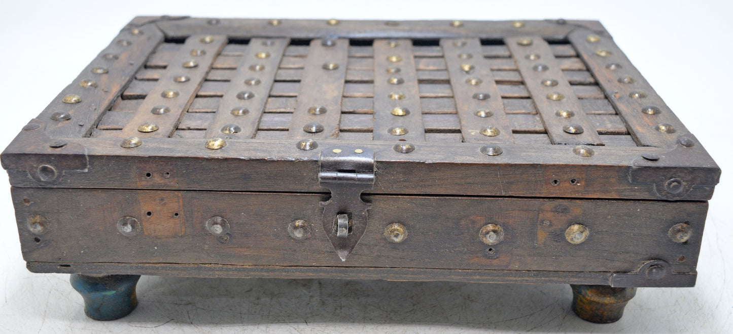 Antique Wooden Storage Chest Box Original Old Hand Crafted Carved Metal Fitted