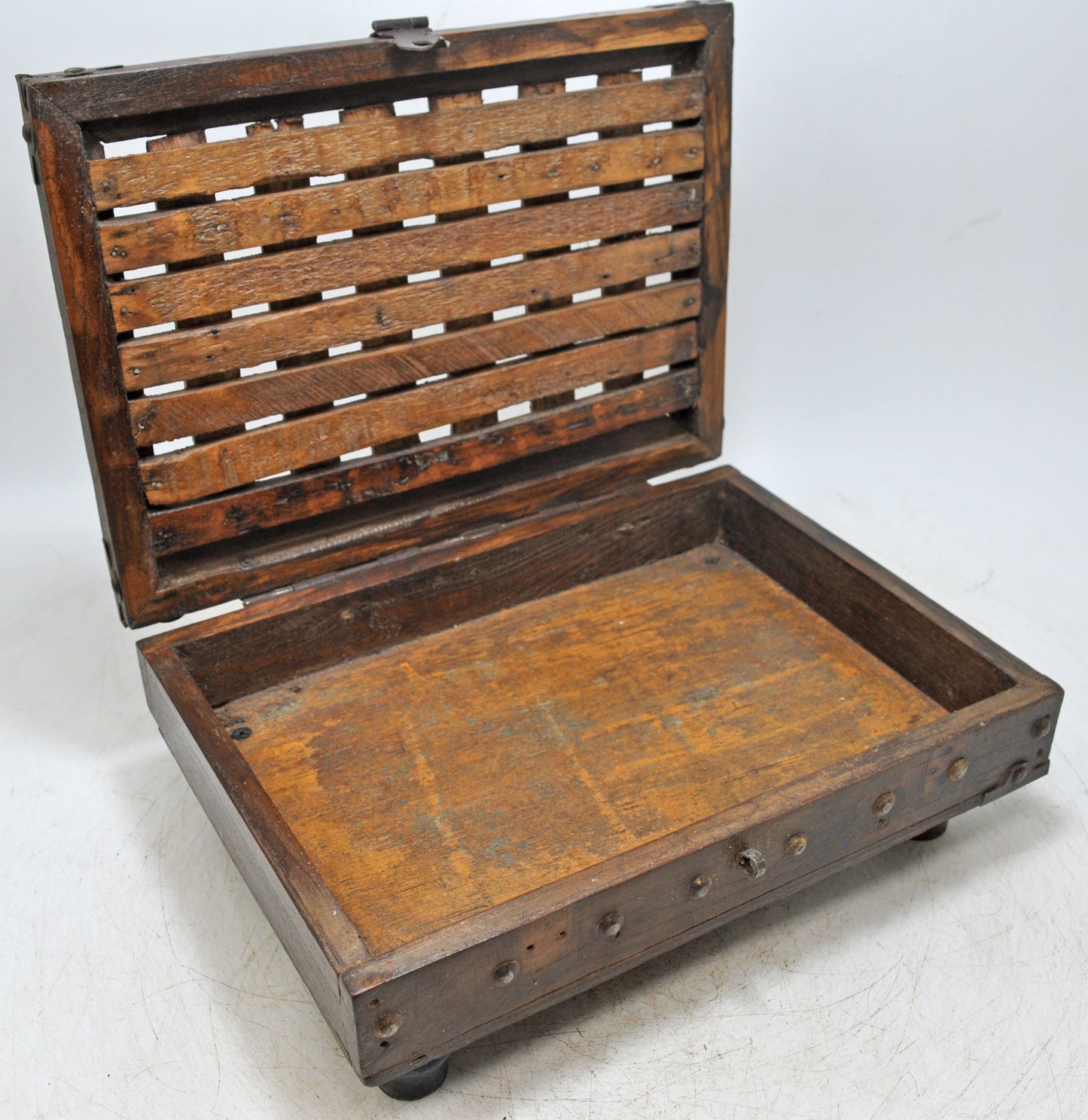 Antique Wooden Storage Chest Box Original Old Hand Crafted Carved Metal Fitted