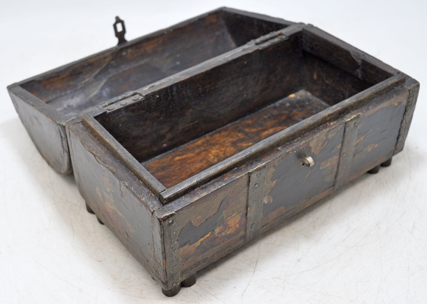 Antique Wooden Half Round Top Storage Box Original Old Hand Crafted Painted