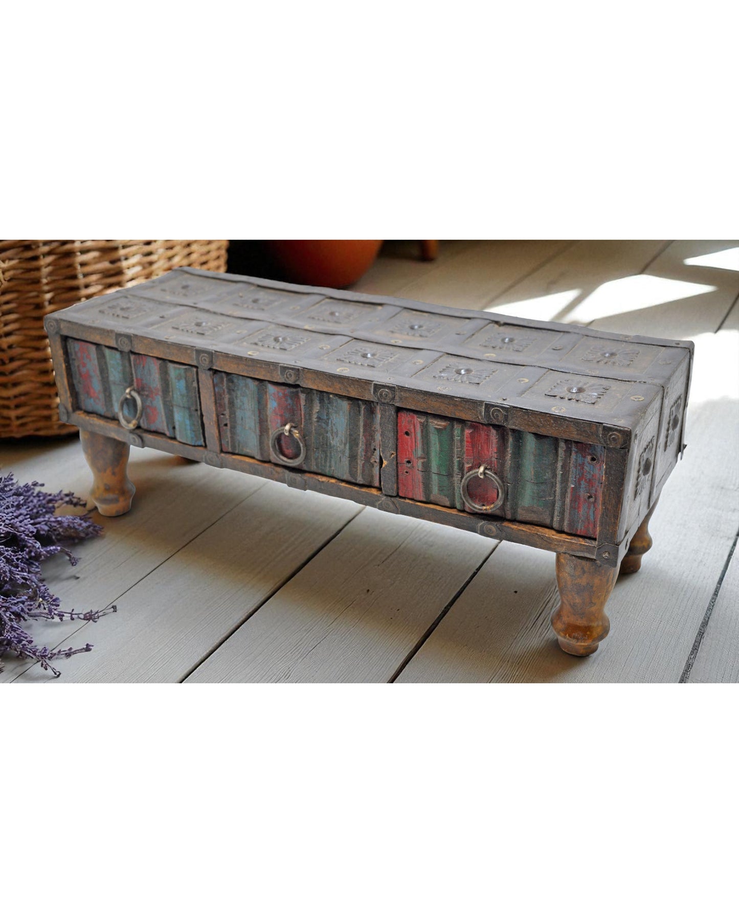 Antique Wooden 3 Drawers Storage Chest Box Original Old Hand Crafted Rustic Painted