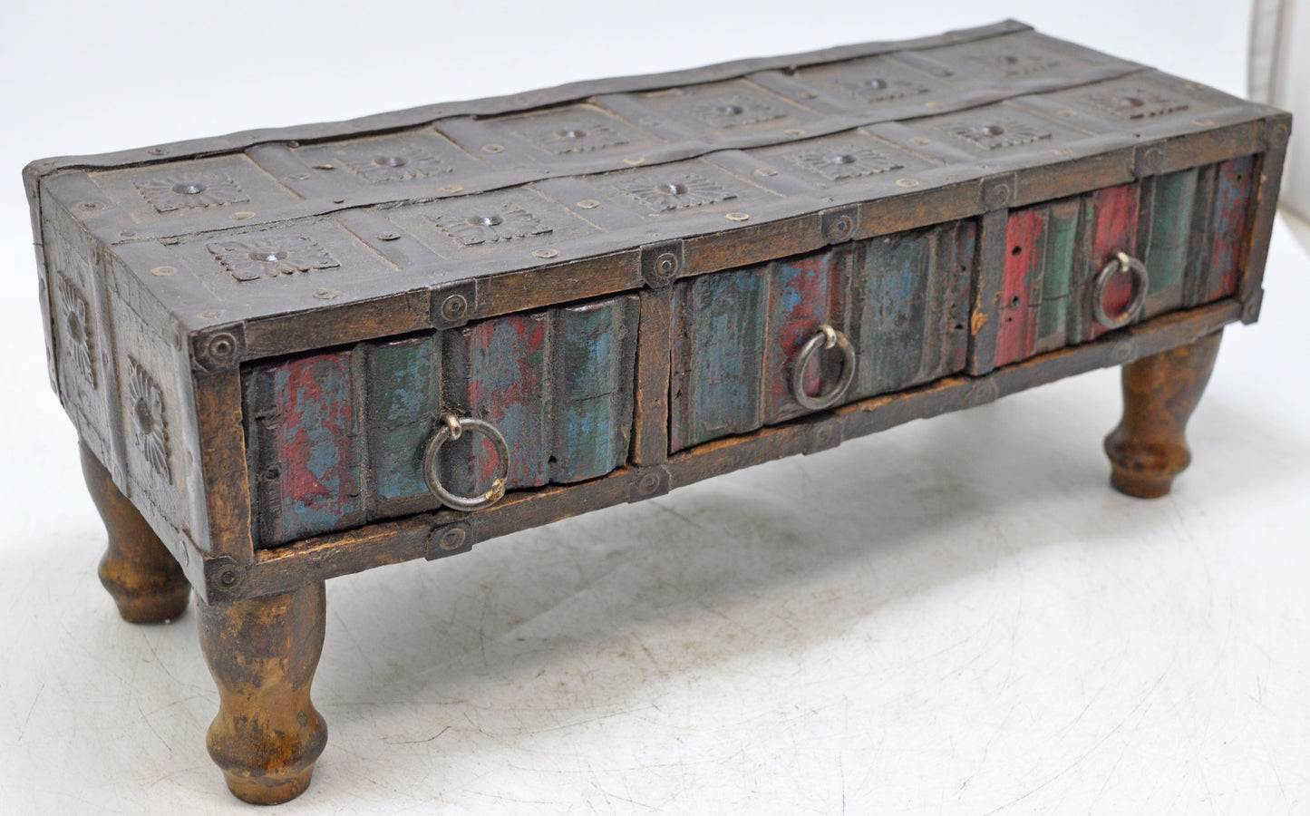 Antique Wooden 3 Drawers Storage Chest Box Original Old Hand Crafted Rustic Painted