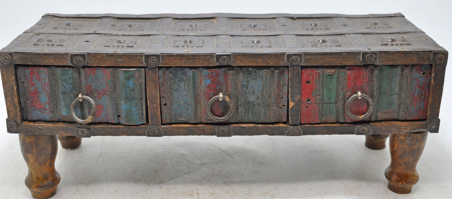 Antique Wooden 3 Drawers Storage Chest Box Original Old Hand Crafted Rustic Painted