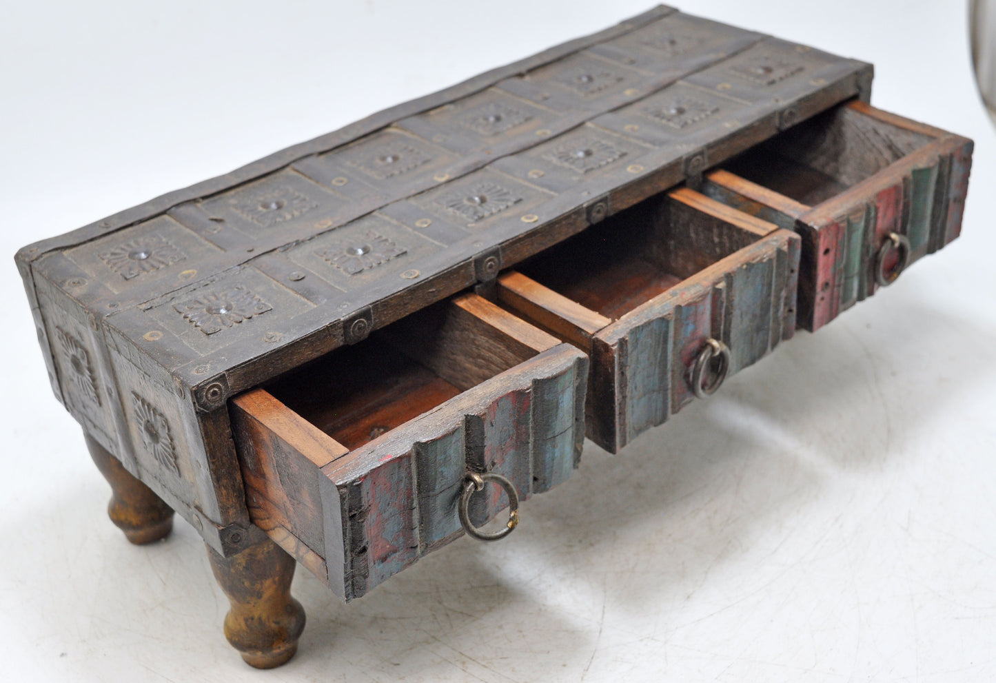 Antique Wooden 3 Drawers Storage Chest Box Original Old Hand Crafted Rustic Painted