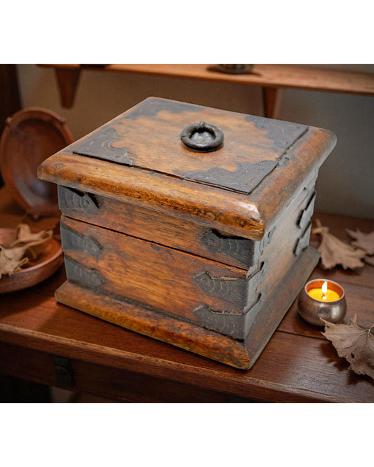 Vintage Wooden Small Square Storage Box Original Old Hand Crafted Metal Fitted