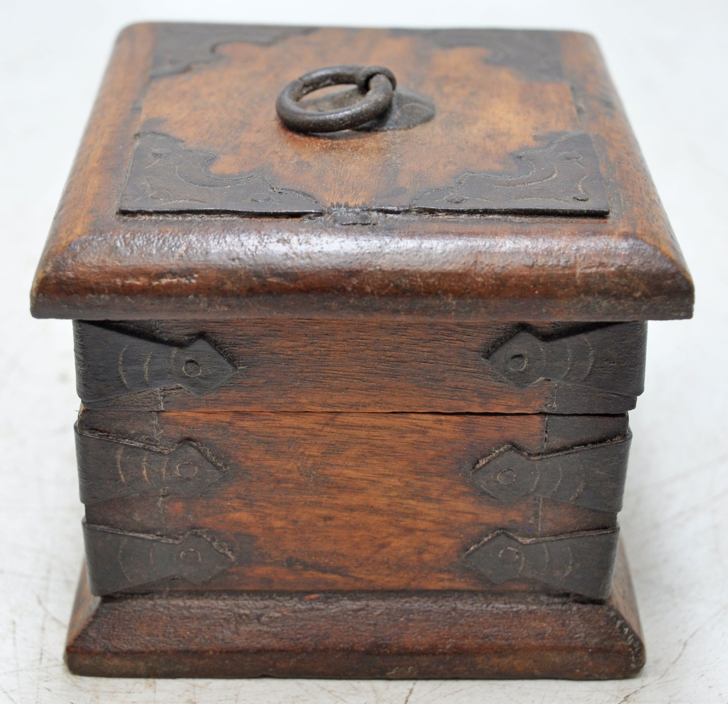 Vintage Wooden Small Square Storage Box Original Old Hand Crafted Metal Fitted