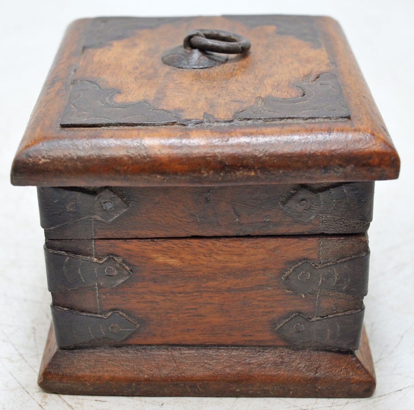 Vintage Wooden Small Square Storage Box Original Old Hand Crafted Metal Fitted