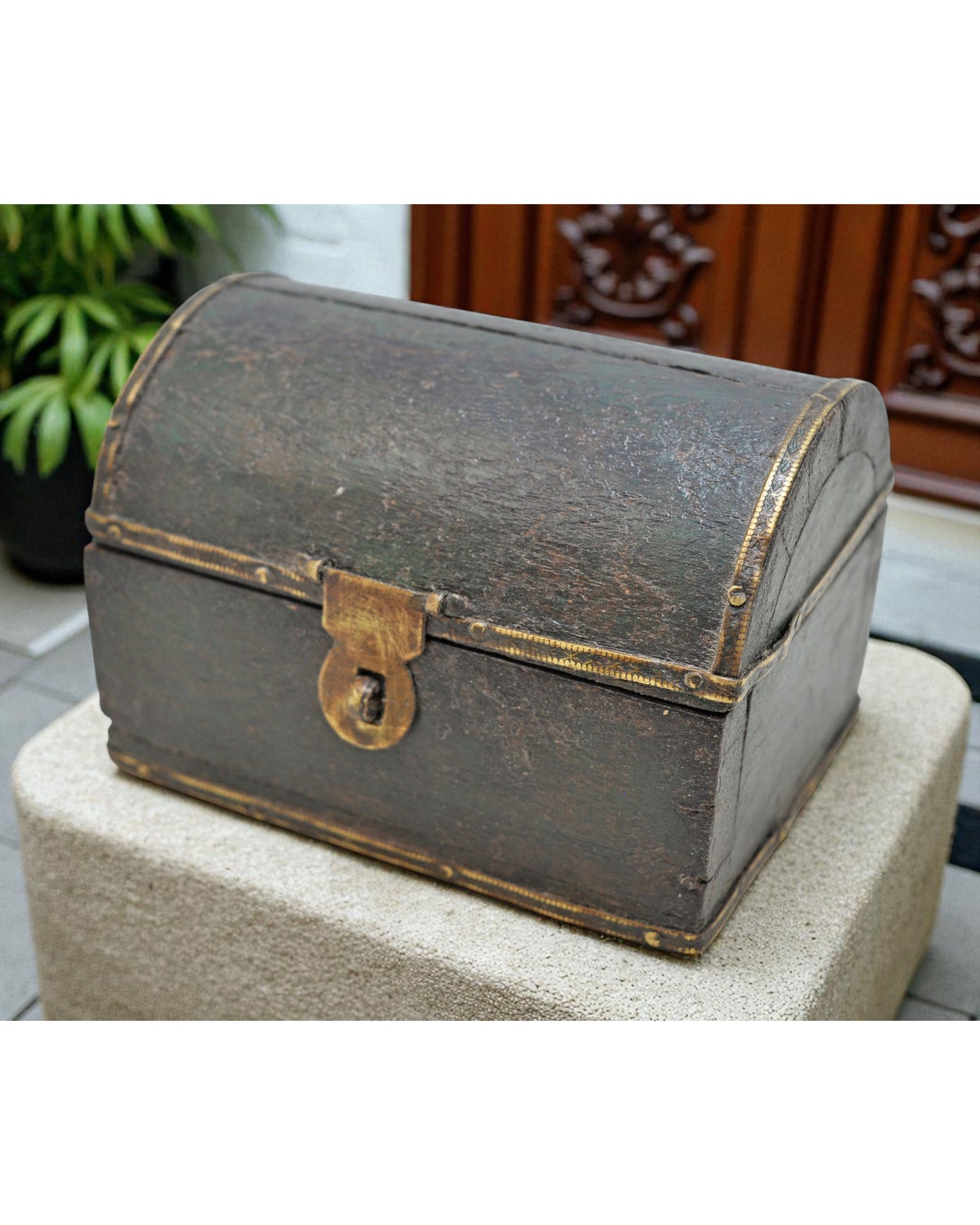 Vintage Wooden Small Half Round Top Jewelery Box Original Old Hand Crafted Brass Fitted