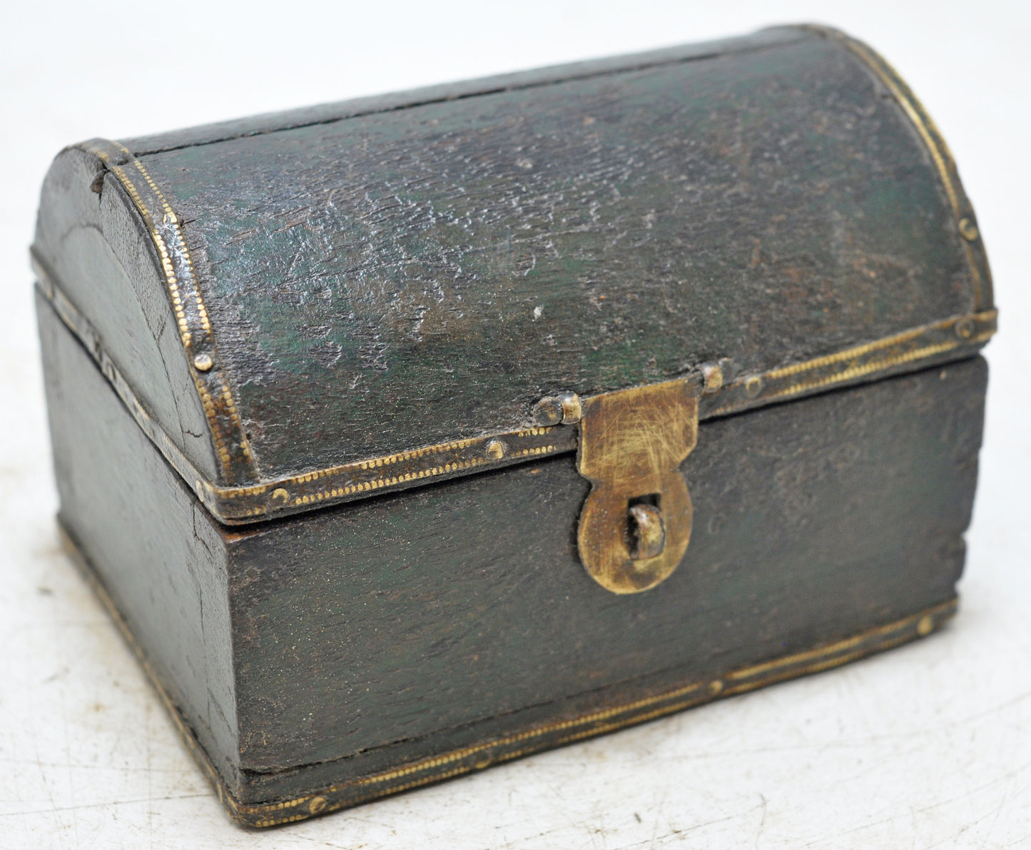 Vintage Wooden Small Half Round Top Jewelery Box Original Old Hand Crafted Brass Fitted