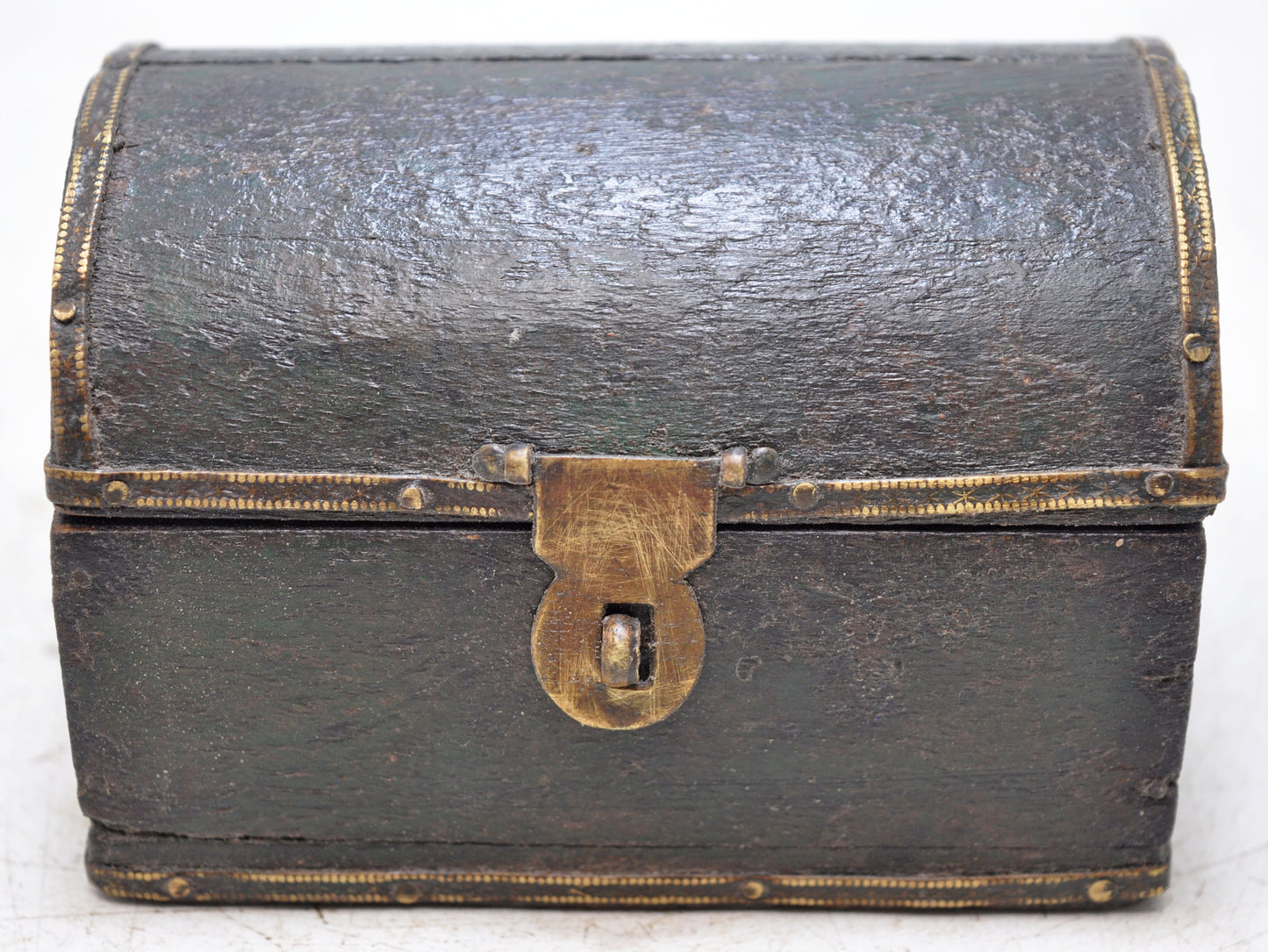 Vintage Wooden Small Half Round Top Jewelery Box Original Old Hand Crafted Brass Fitted