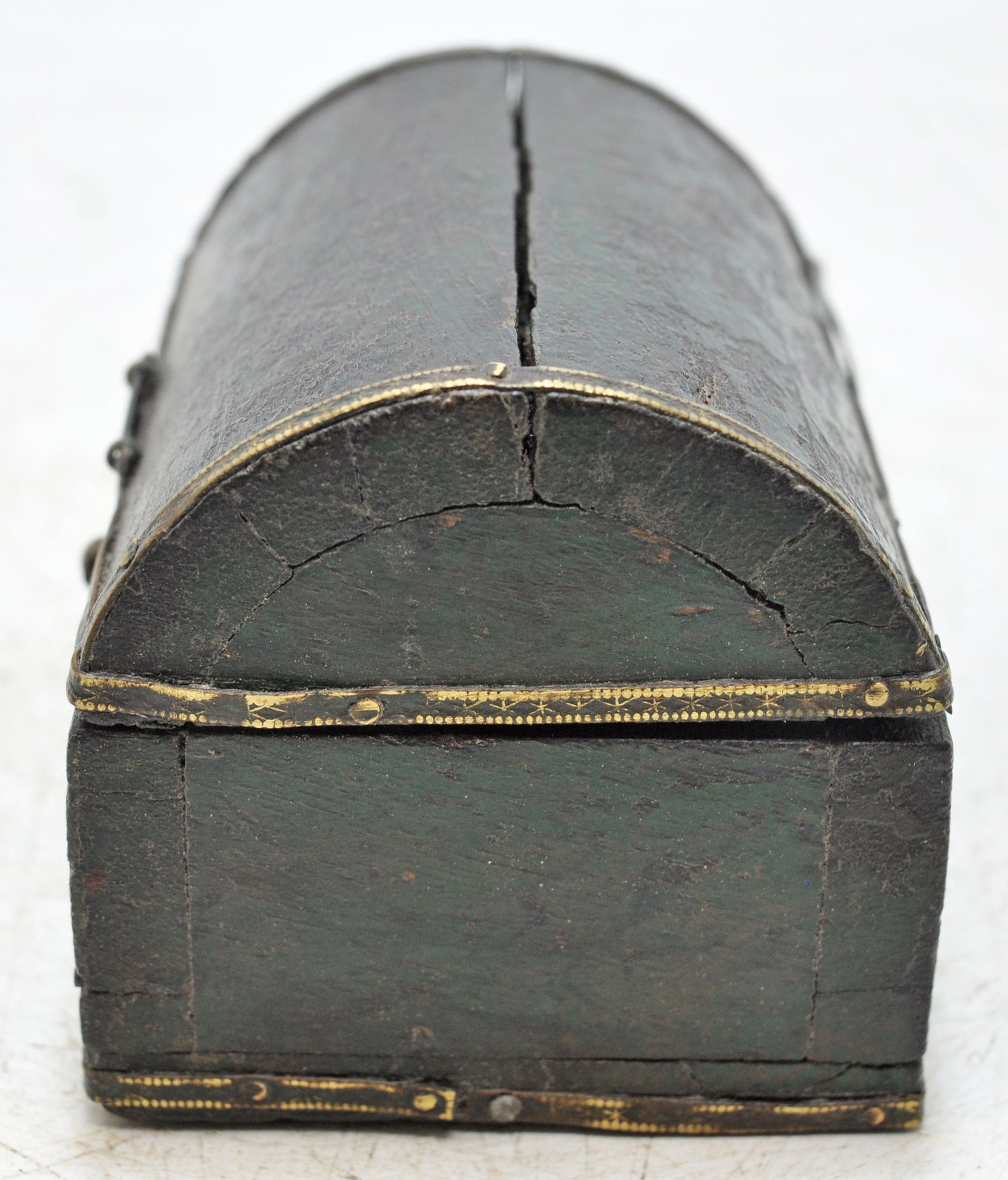 Vintage Wooden Small Half Round Top Jewelery Box Original Old Hand Crafted Brass Fitted