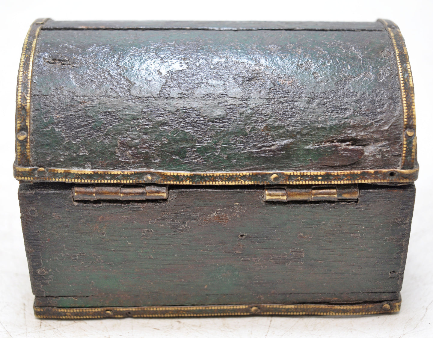 Vintage Wooden Small Half Round Top Jewelery Box Original Old Hand Crafted Brass Fitted