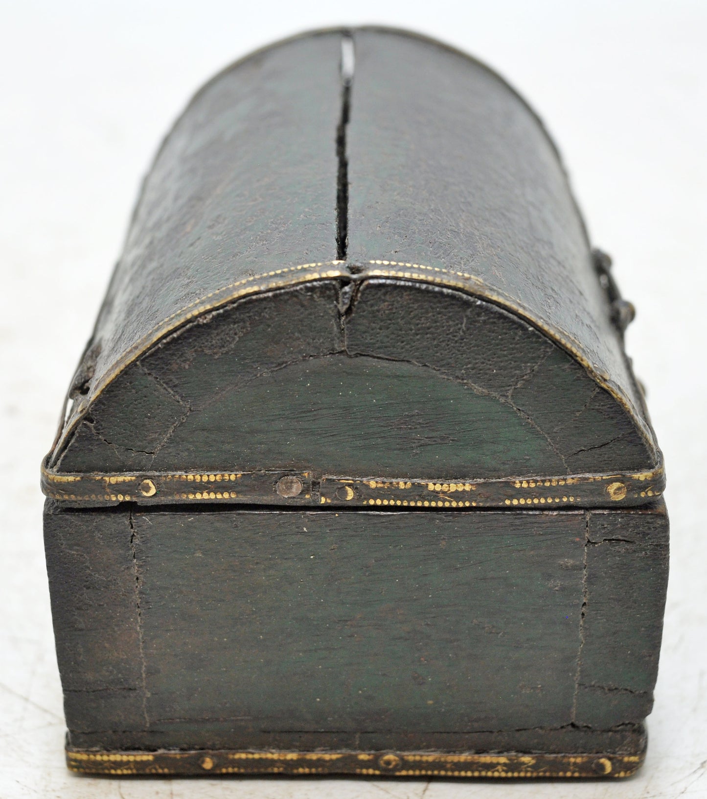 Vintage Wooden Small Half Round Top Jewelery Box Original Old Hand Crafted Brass Fitted