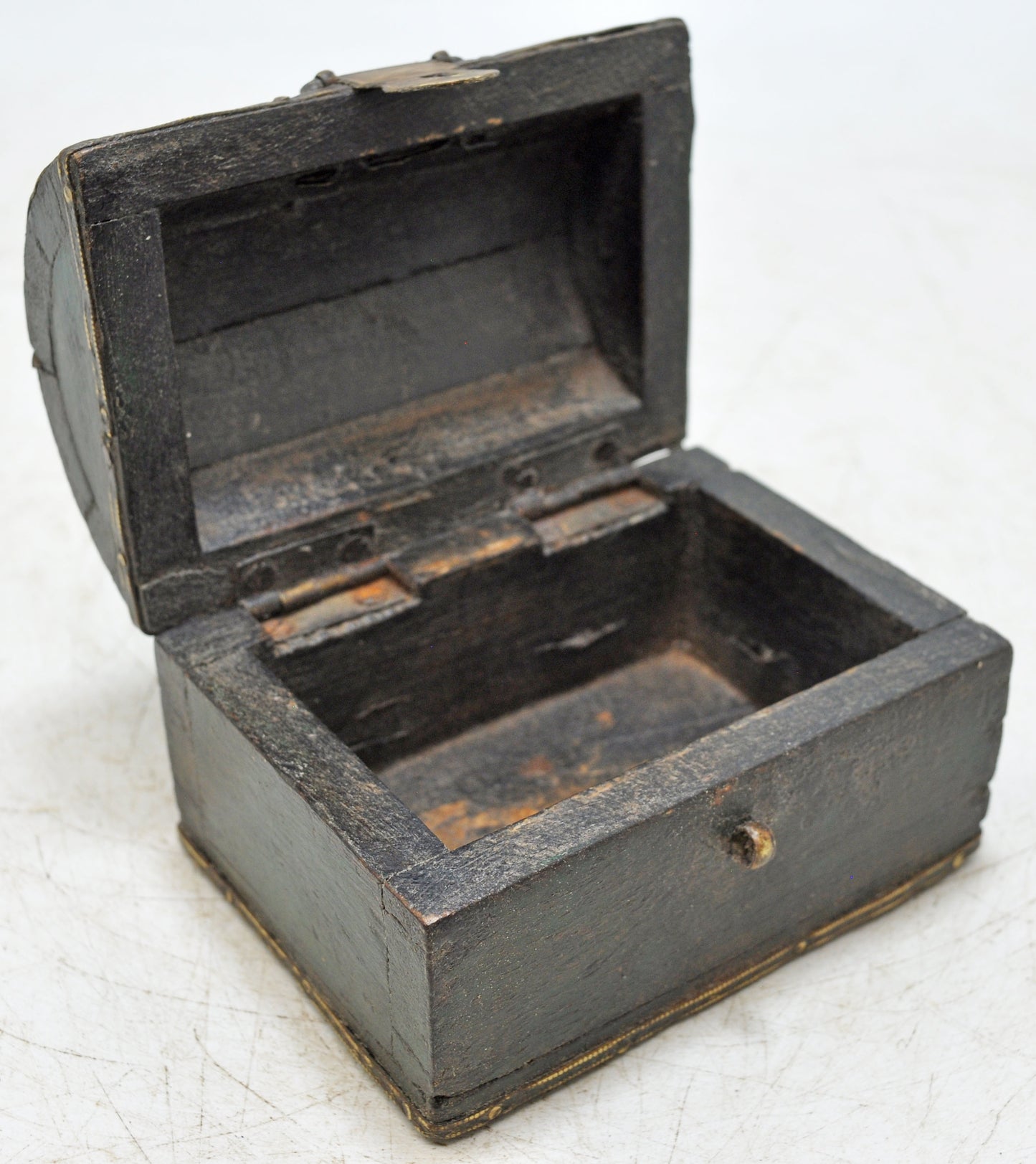 Vintage Wooden Small Half Round Top Jewelery Box Original Old Hand Crafted Brass Fitted
