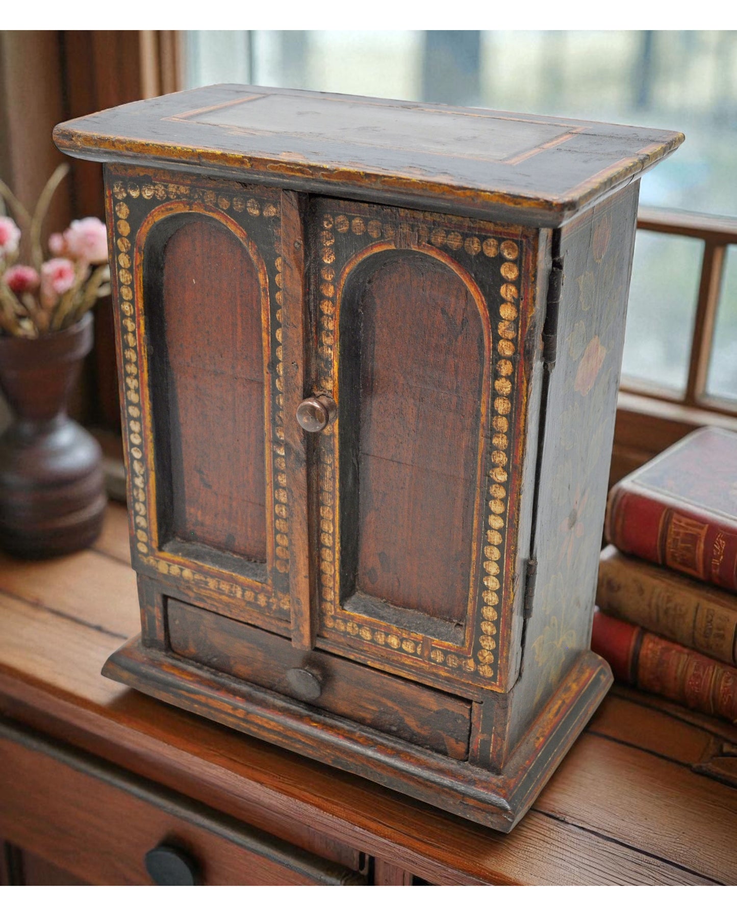 Vintage Wooden Cabinet Shaped Jewelery Box Original Old Hand Crafted Fine Painting