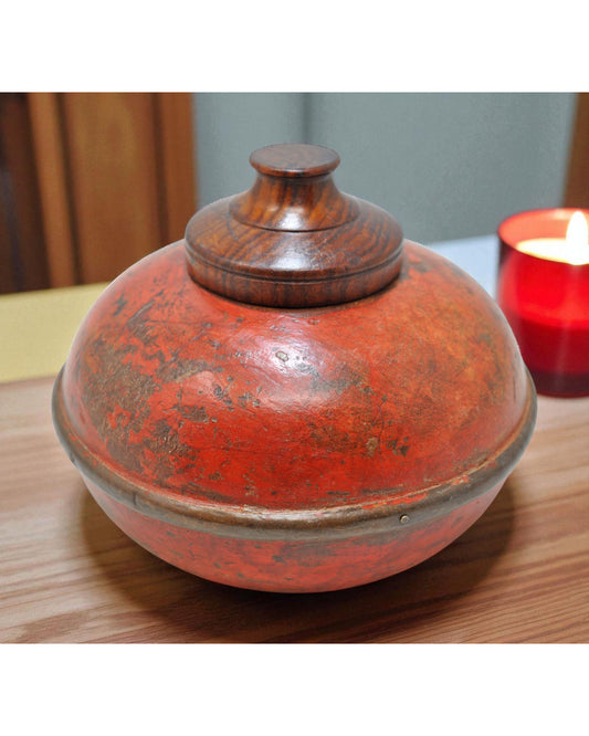 Antique Wooden Lacquer Painted Kum Kum Powder Tika Box Original Old Hand Carved