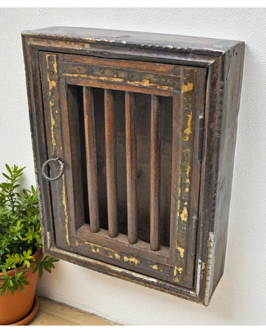 Vintage Wooden Wall Hanging Key Box Original Old Hand Crafted Brass Fitted