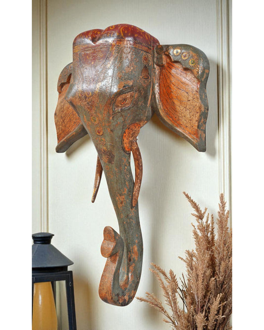 Vintage Wooden Wall Hanging Elephant Head Bust Figurine Fine Hand Carved Painted