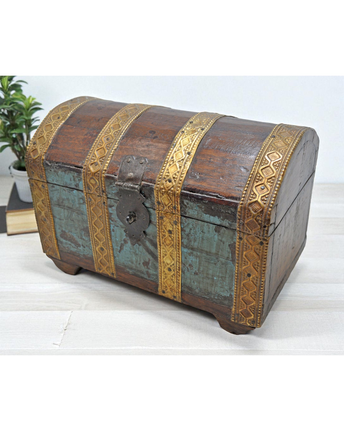 Antique Wooden Half Round Shaped Storage Chest Box Original Old Brass Fitted