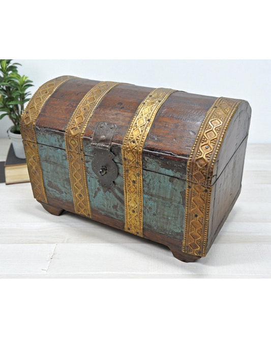 Antique Wooden Half Round Shaped Storage Chest Box Original Old Brass Fitted