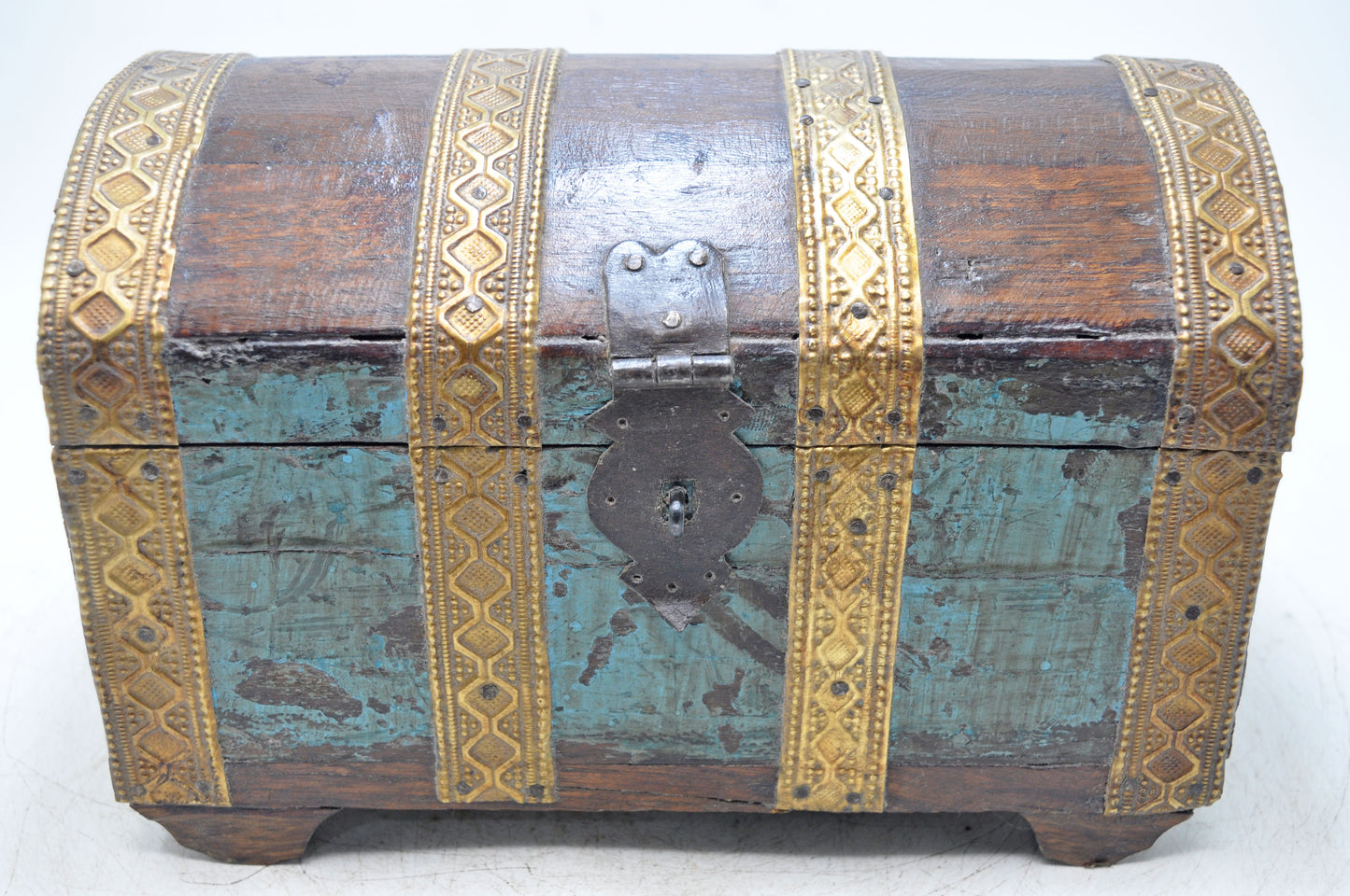Antique Wooden Half Round Shaped Storage Chest Box Original Old Brass Fitted
