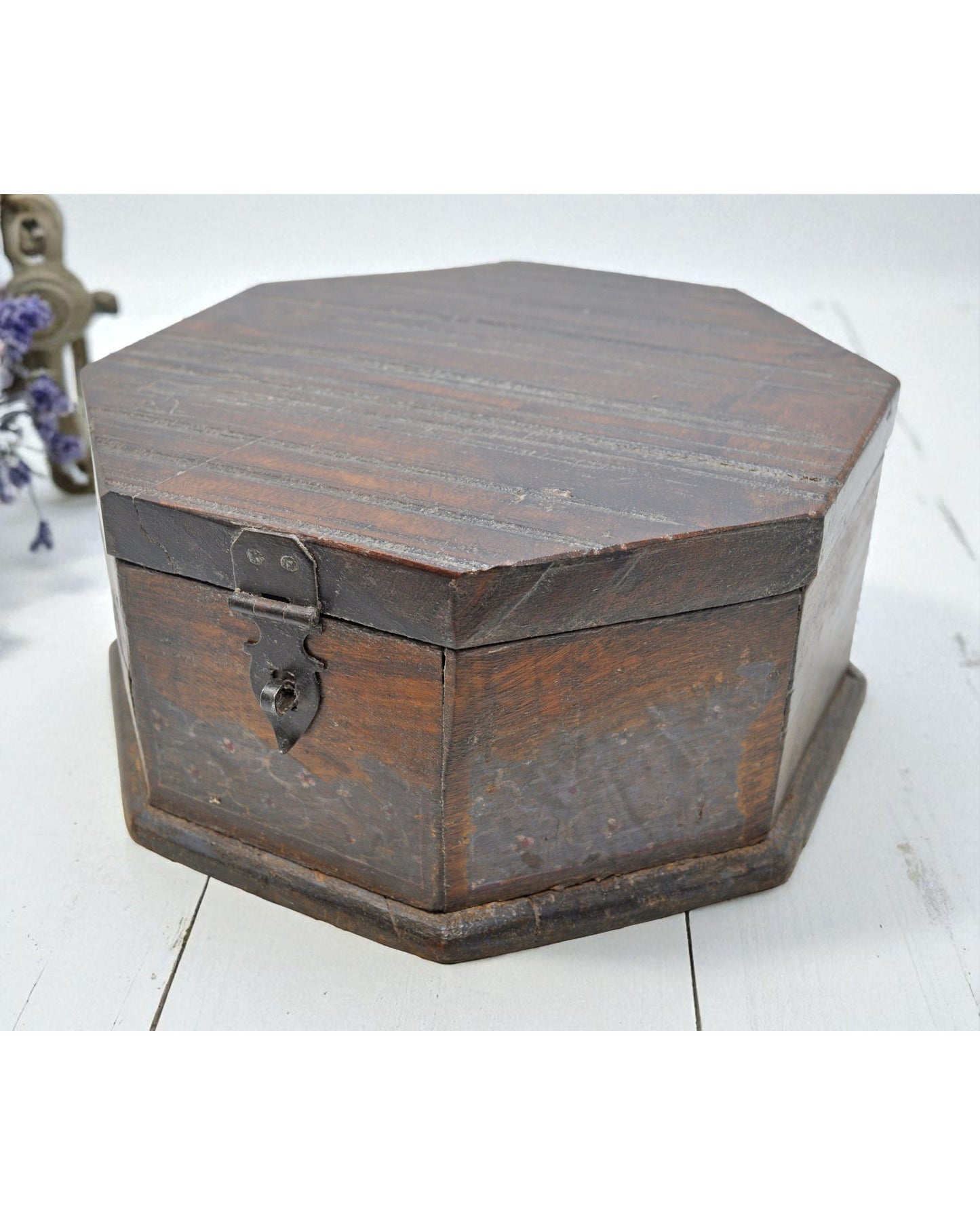 Vintage Wooden Octagonal Shape Storage Box Original Old Hand Crafted Painted