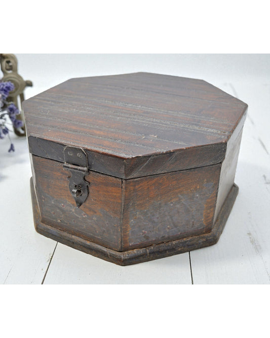 Vintage Wooden Octagonal Shape Storage Box Original Old Hand Crafted Painted
