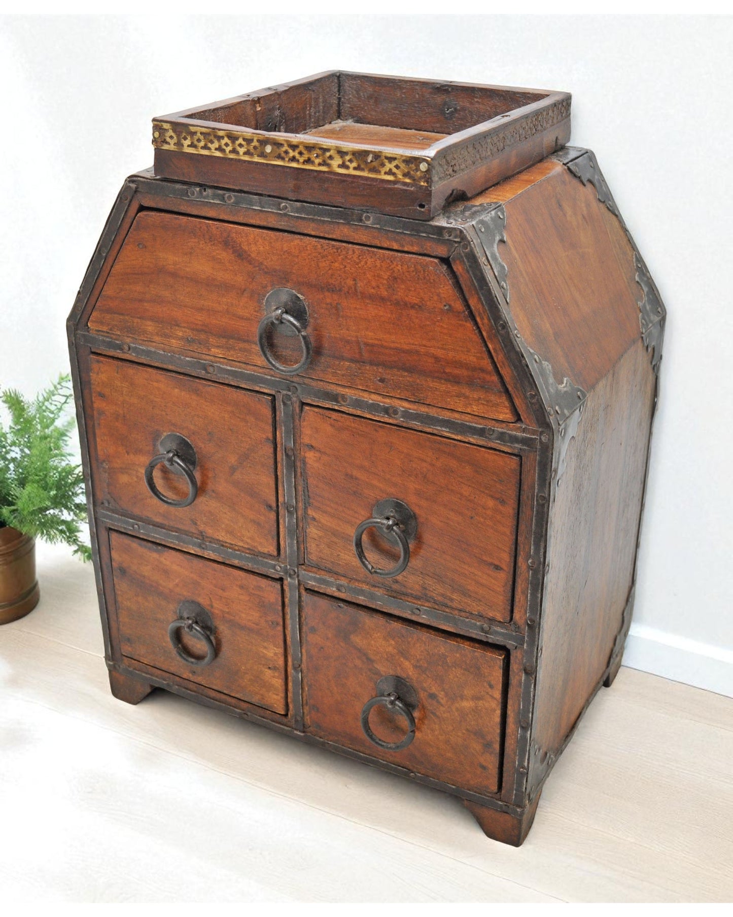 Antique Wooden Drawers Storage Chest Box Original Old Hand Crafted Metal Fitted