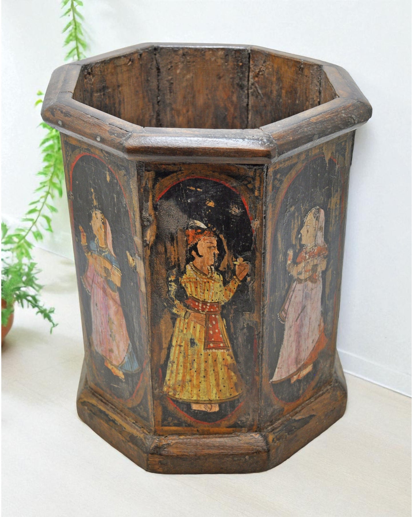 Vintage Wooden Octagonal Planter Pot Original Old Hand Crafted Fine Painted