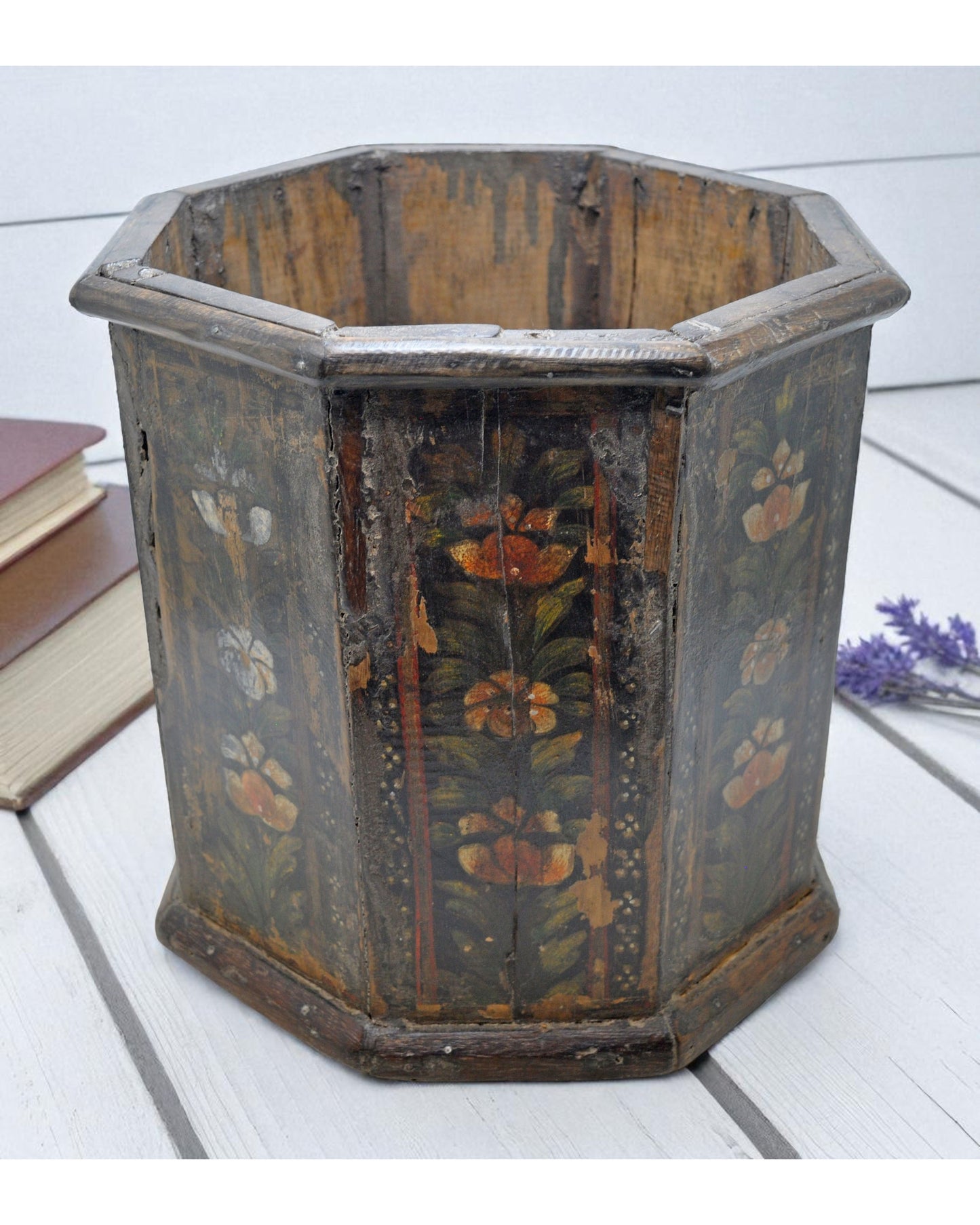 Vintage Wooden Octagonal Planter Pot Original Old Hand Crafted Fine Painted