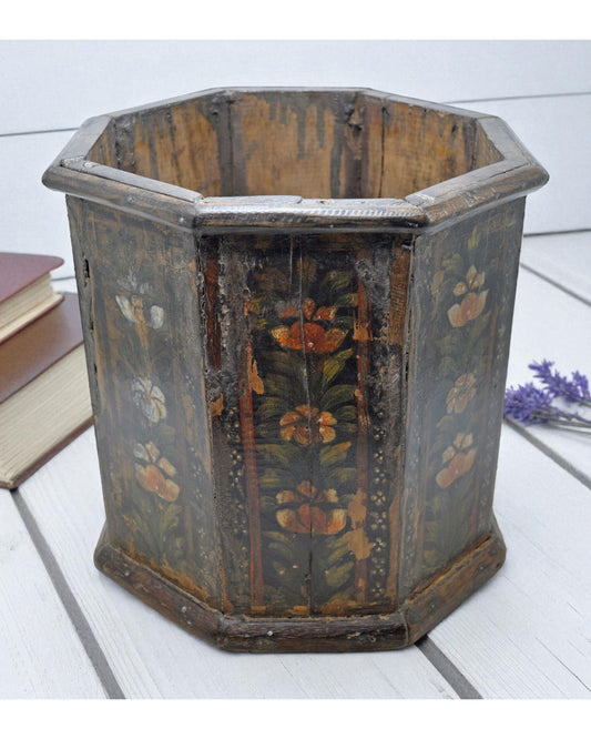 Vintage Wooden Octagonal Planter Pot Original Old Hand Crafted Fine Painted