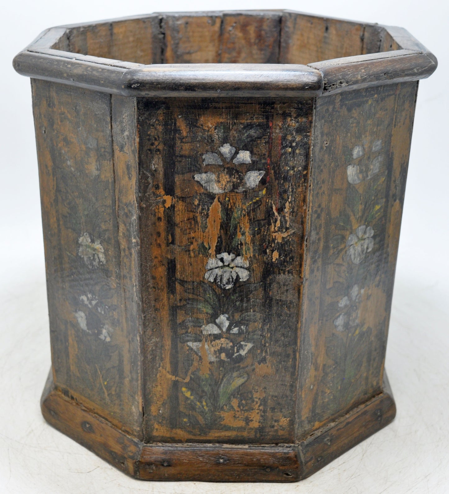 Vintage Wooden Octagonal Planter Pot Original Old Hand Crafted Fine Painted