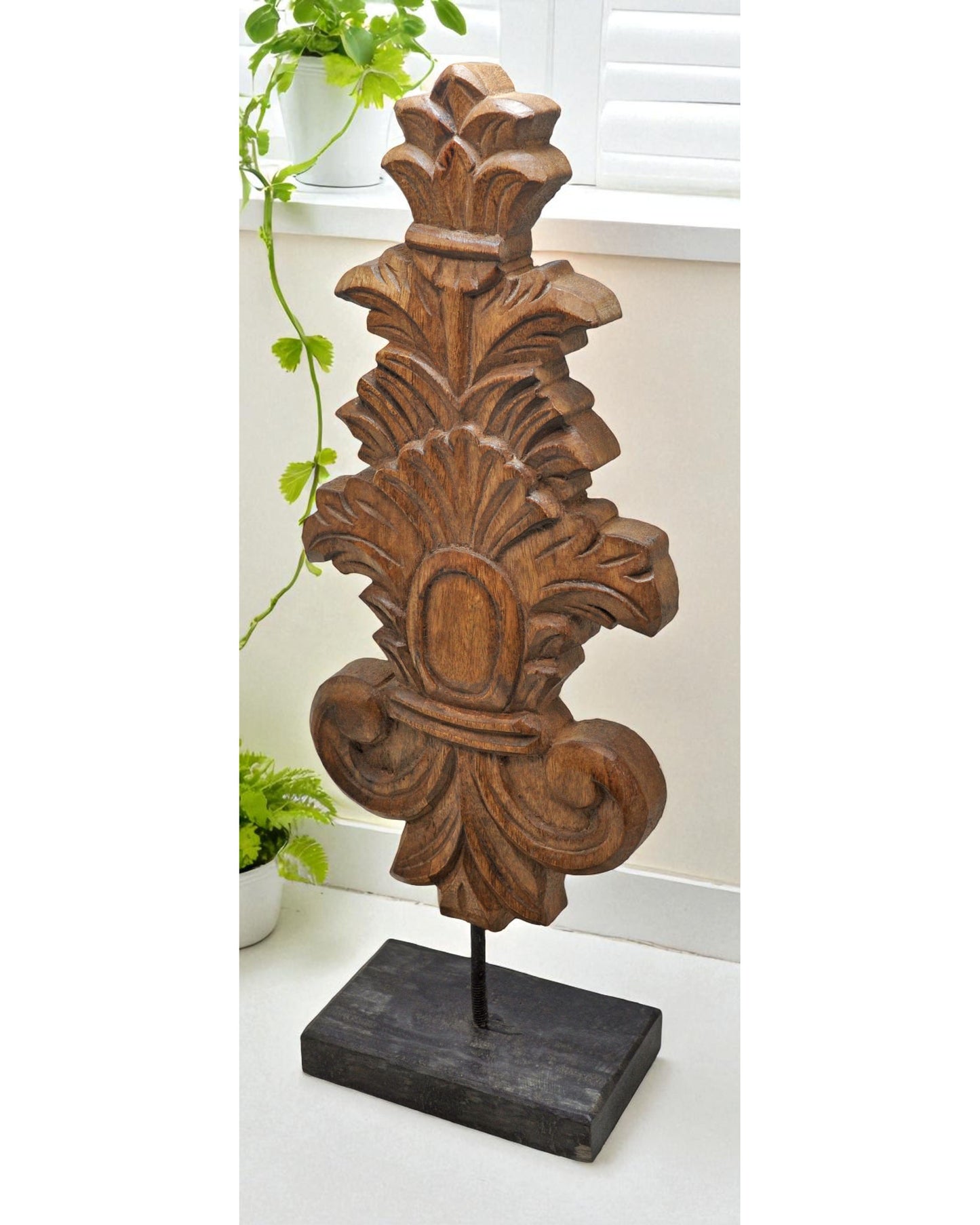 Hand Carved Wooden Flower Carving Panel Plaque on Stand