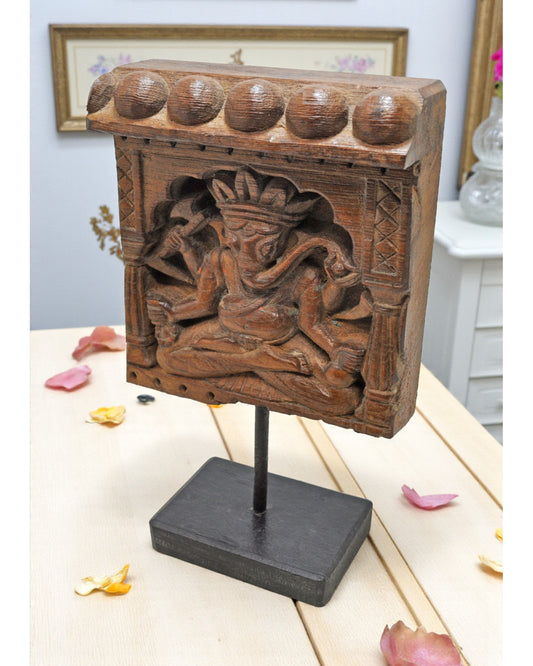 Antique Wooden God Ganesha Idol Carving Plaque Original Old Fine Hand Carved