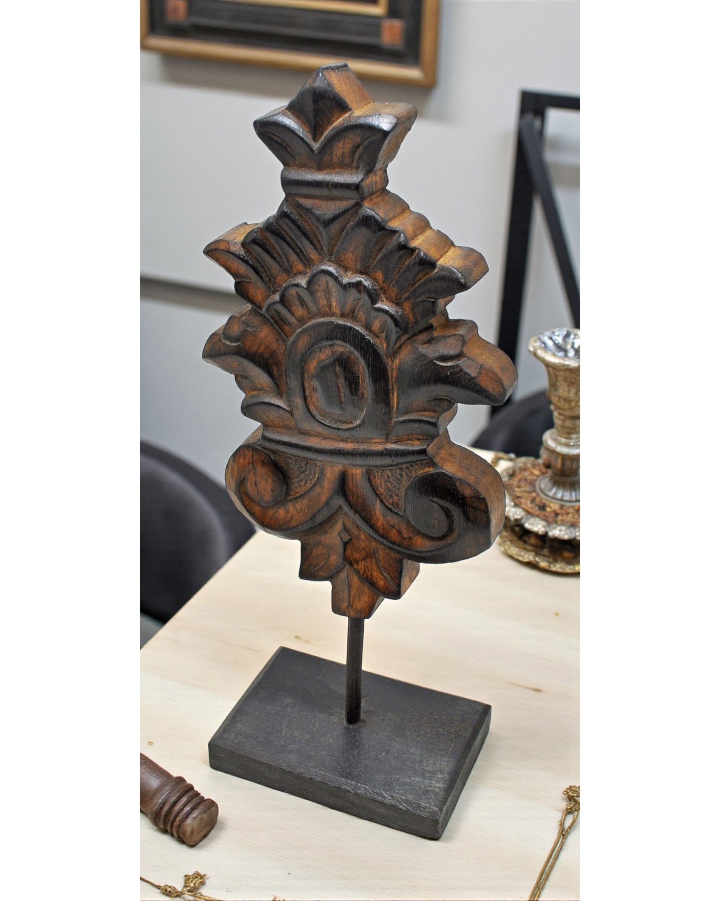 Hand Carved Wooden Flower Carving Panel Plaque on Stand