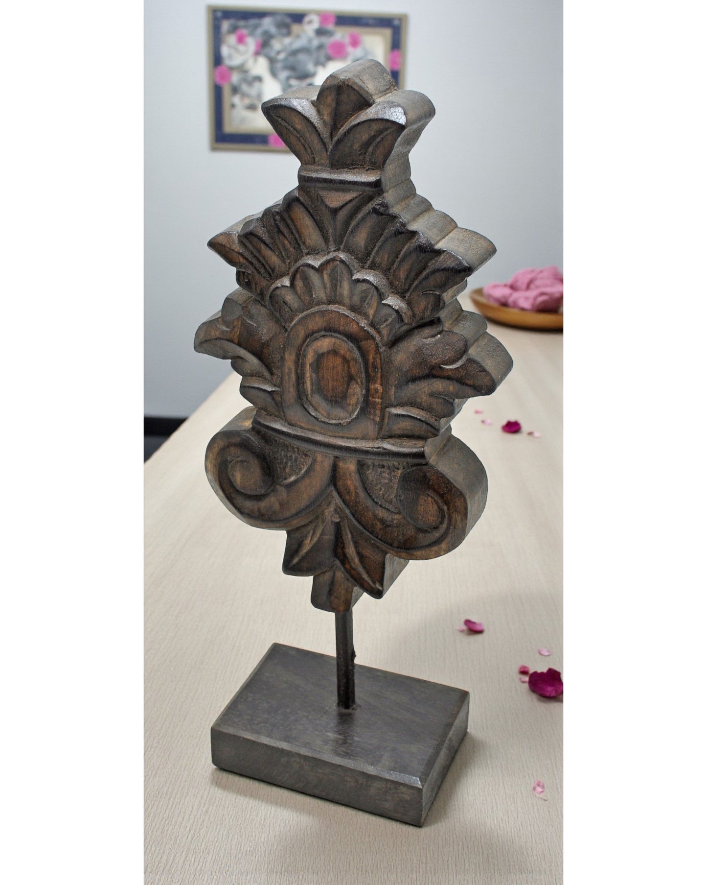 Hand Carved Wooden Flower Carving Panel Plaque on Stand