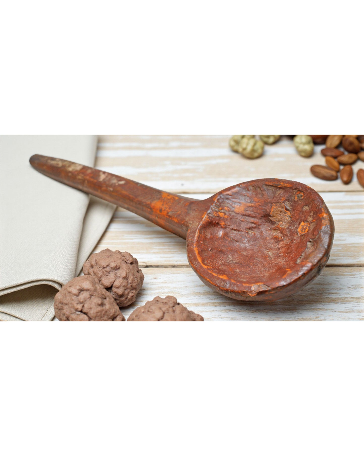 Antique Kitchenware Wooden Long Spoon Original Old Hand Carved