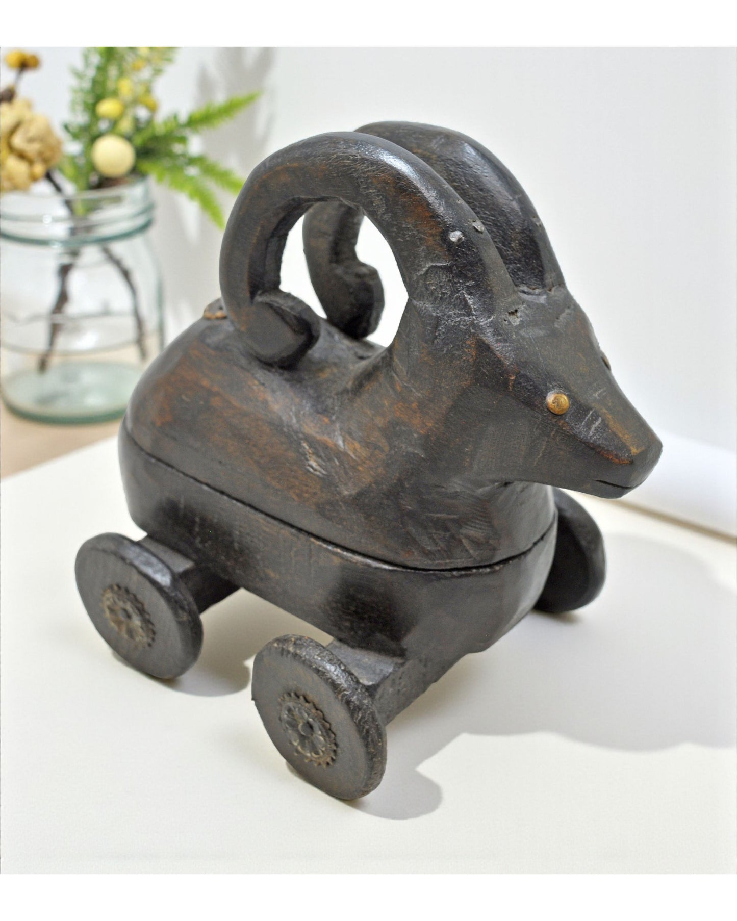 Hand Carved Wooden Goat Ram on Wheels Figurine Spice Box