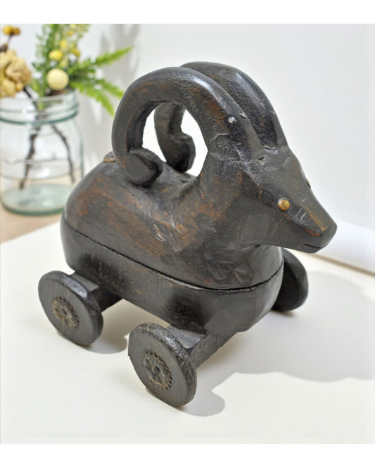 Hand Carved Wooden Goat Ram on Wheels Figurine Spice Box