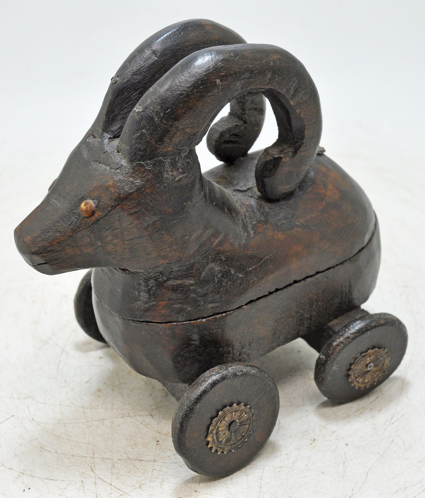 Hand Carved Wooden Goat Ram on Wheels Figurine Spice Box
