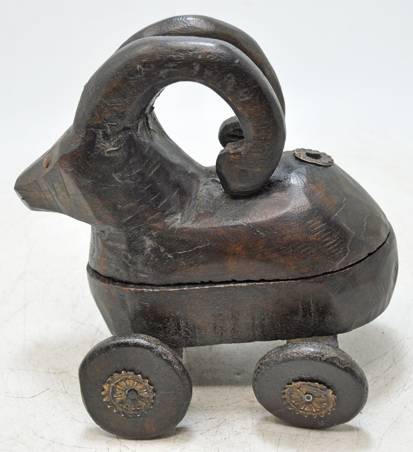 Hand Carved Wooden Goat Ram on Wheels Figurine Spice Box