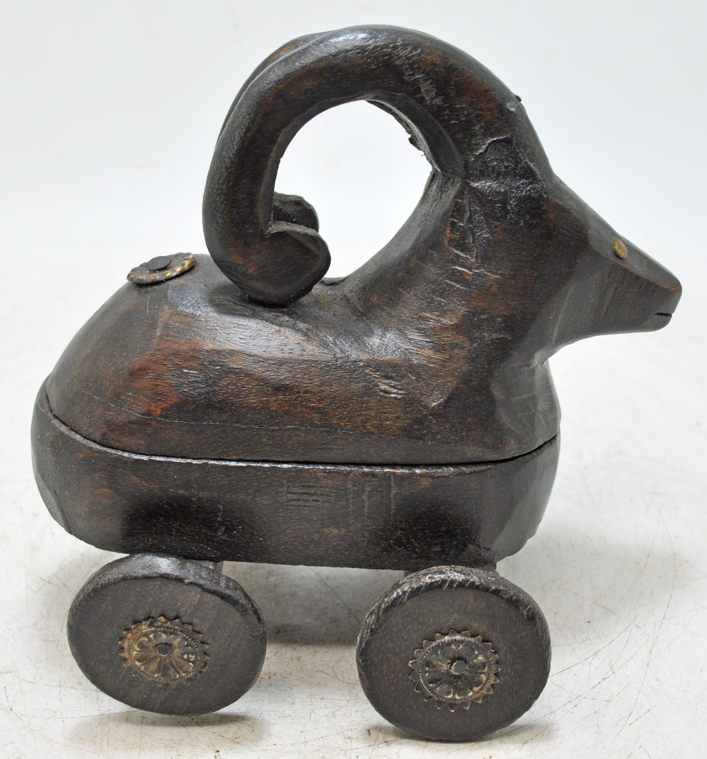 Hand Carved Wooden Goat Ram on Wheels Figurine Spice Box