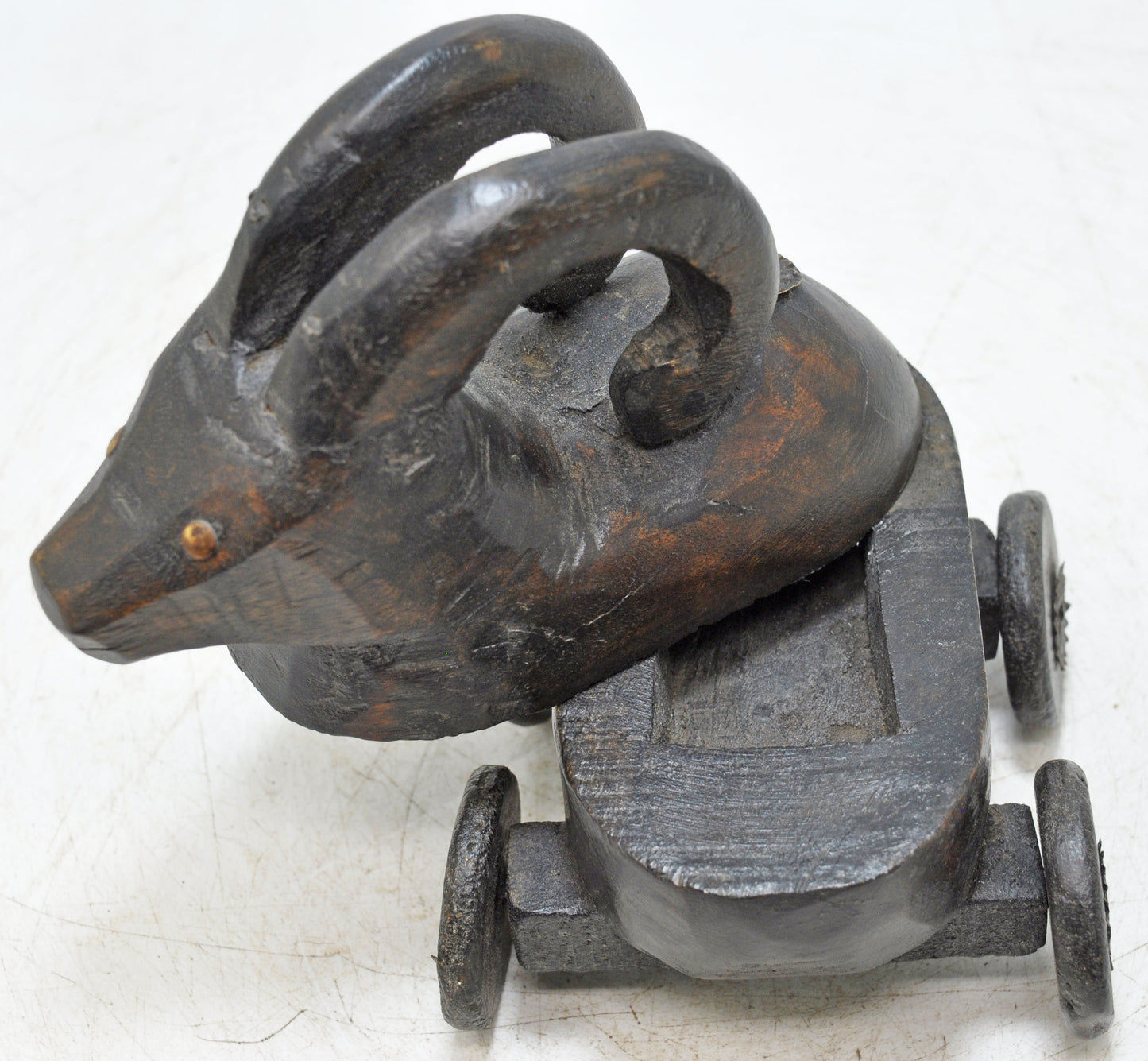 Hand Carved Wooden Goat Ram on Wheels Figurine Spice Box