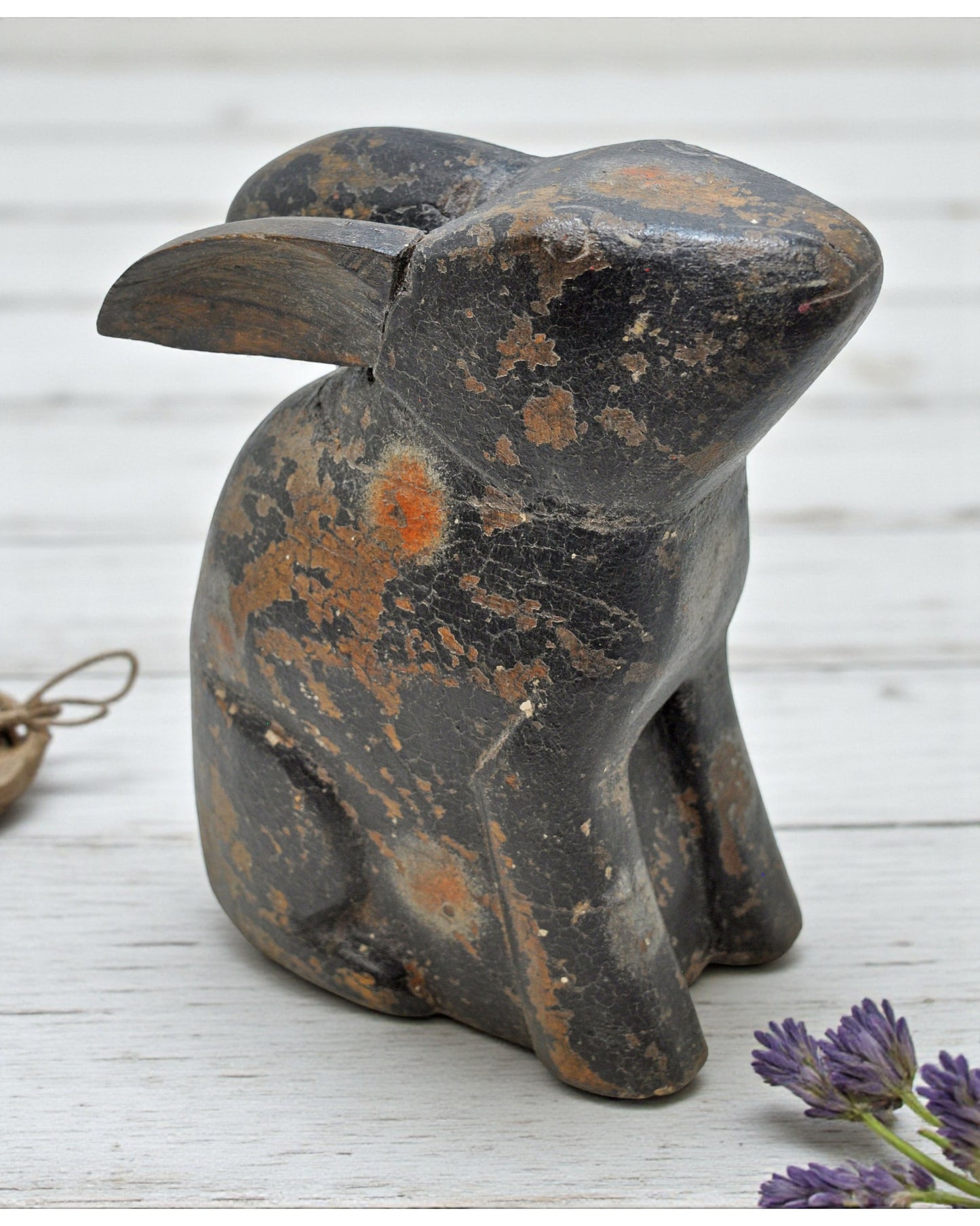 Hand Carved Wooden Rabbit Figurine Rustic Hand Painted