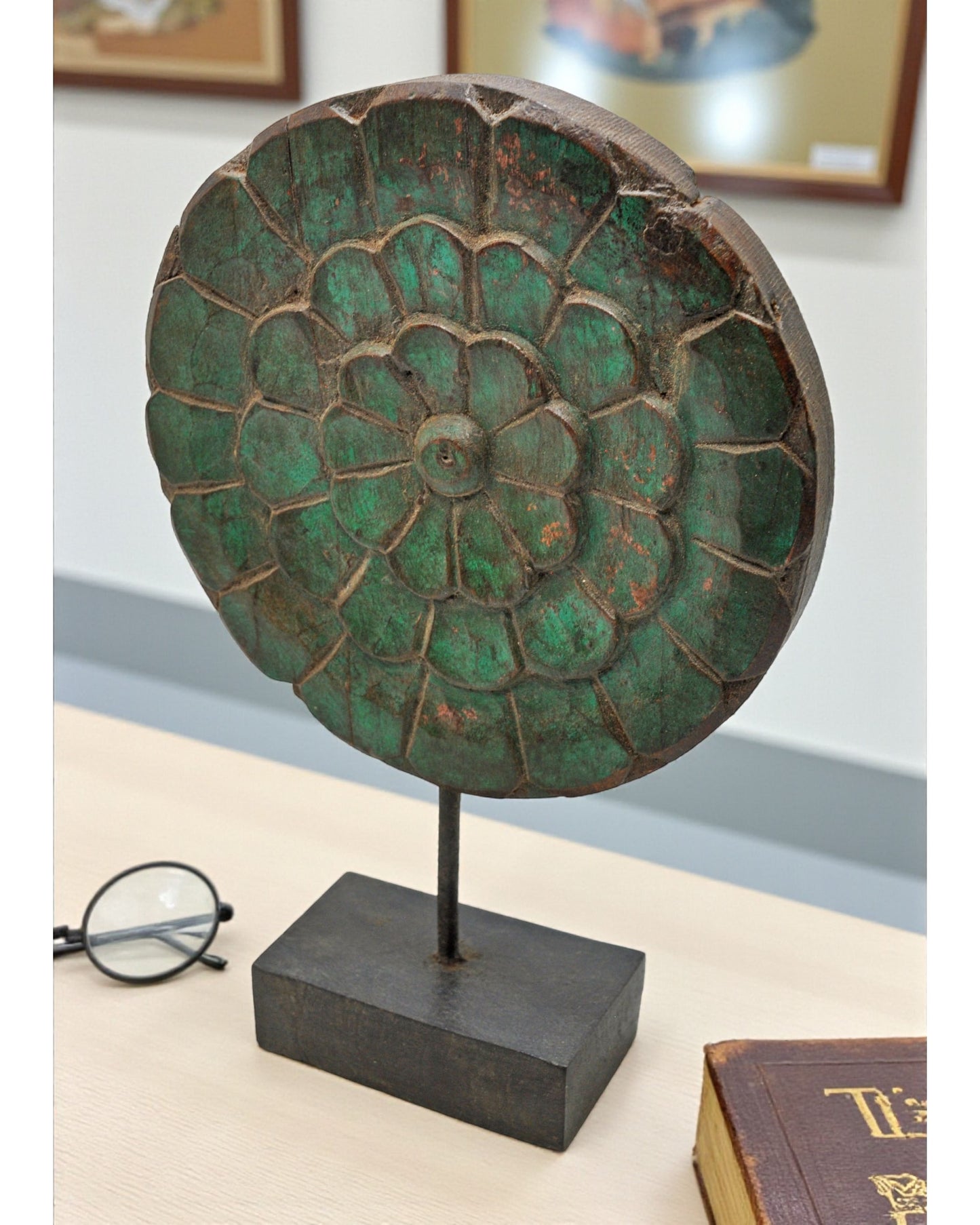 Vintage Wooden Flower Carving Panel on Stand Original Old Hand Carved Green