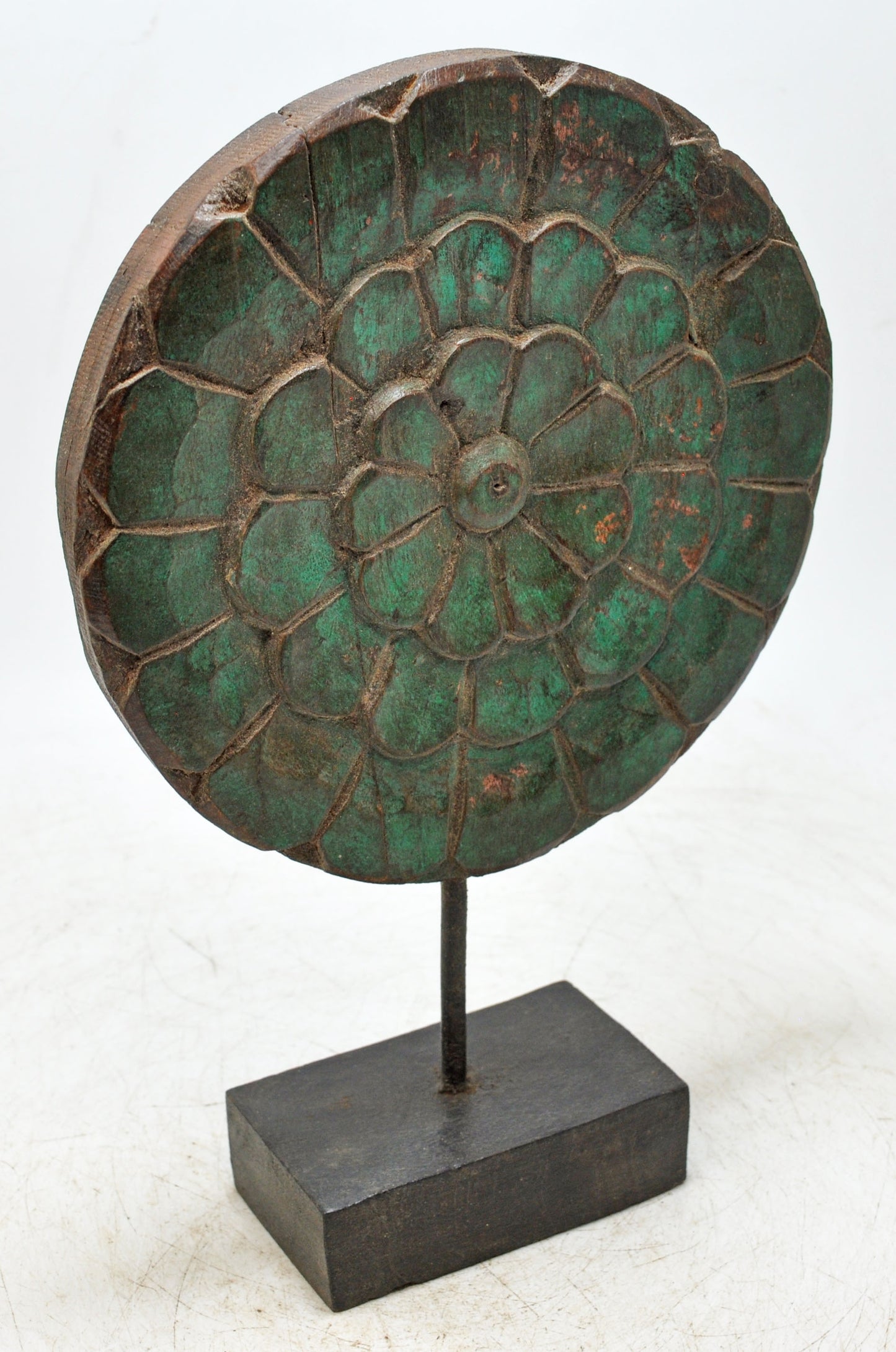 Vintage Wooden Flower Carving Panel on Stand Original Old Hand Carved Green