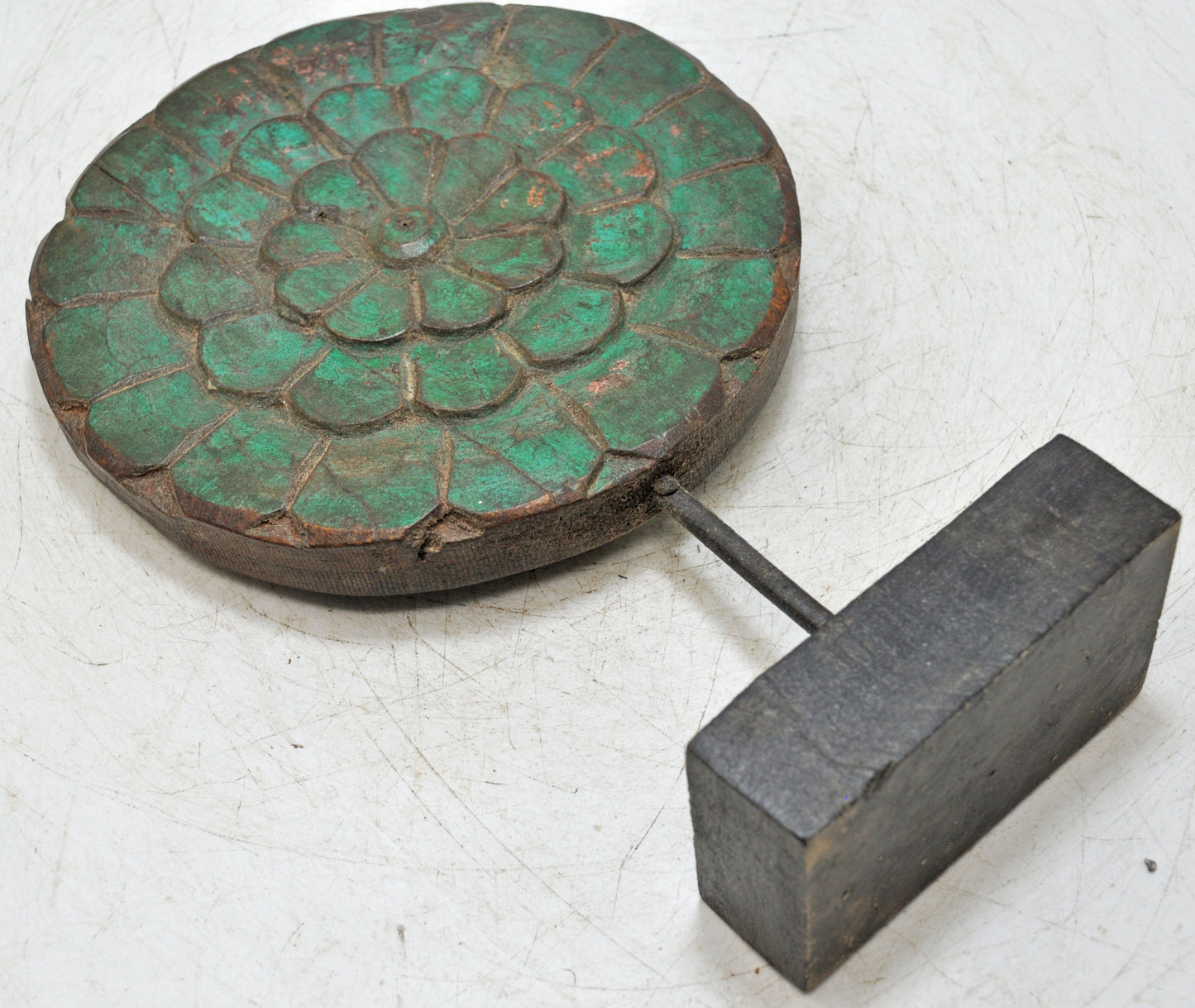 Vintage Wooden Flower Carving Panel on Stand Original Old Hand Carved Green