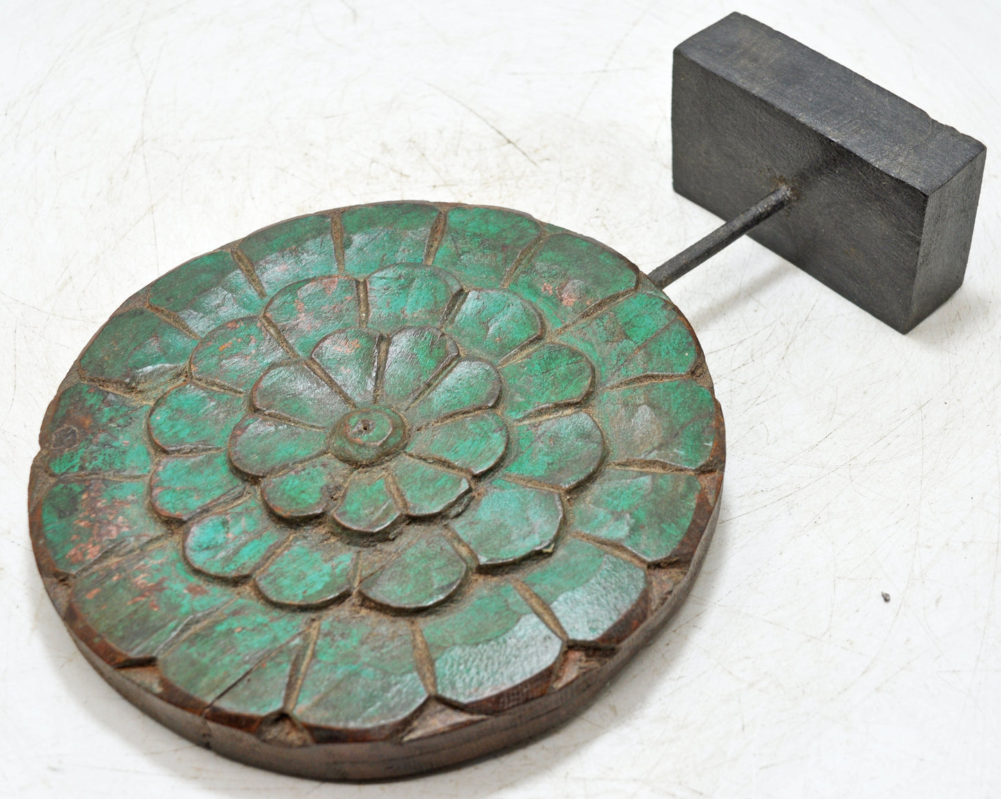 Vintage Wooden Flower Carving Panel on Stand Original Old Hand Carved Green