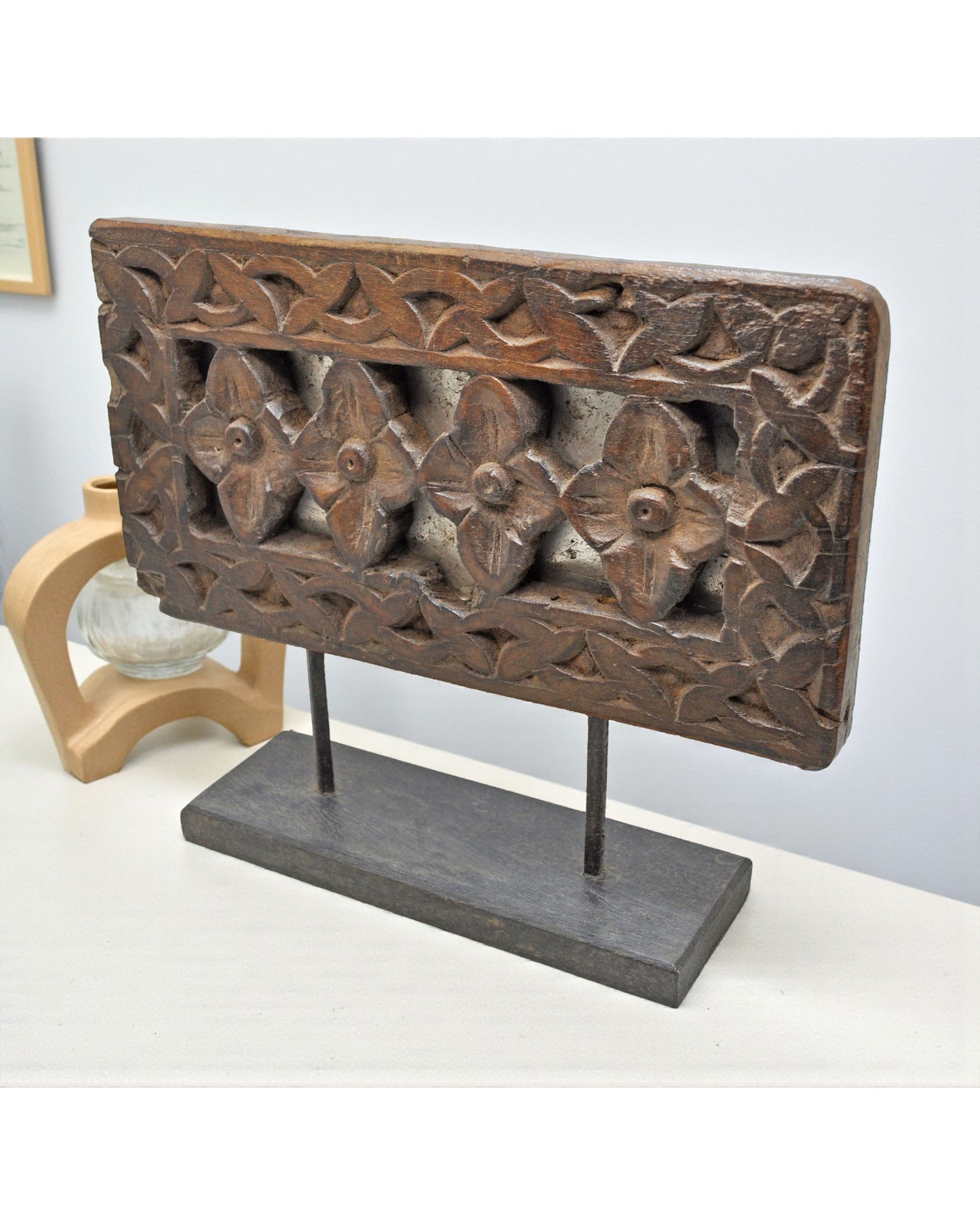 Antique Wooden Floral Carving Panel Plaque Original Old Fine Hand Carved