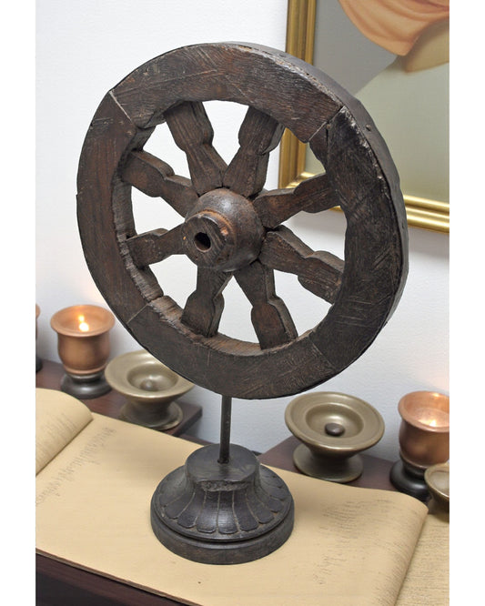 Vintage Wooden Decorative Round Wheel on Stand Original Old Hand Crafted